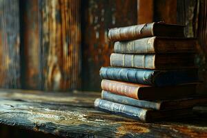 ai generado pila de antiguo libros en un de madera mesa antecedentes foto