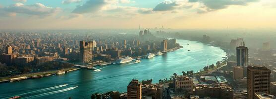 ai generado un río corriendo mediante un ciudad rodeado por alto edificios, egipcio foto