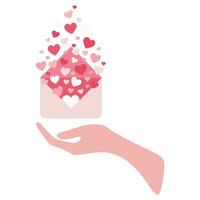 Hands holding Love letter with Flying out Hearts, Valentines day envelope. Greeting Holiday card isolated on white background. Vector Flat Cartoon illustration for Social media post, Postcard, Poster.