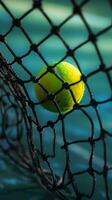 ai generado tenis pelota en red en el tenis Corte foto