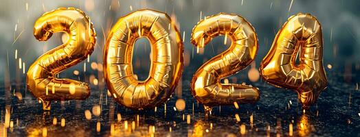 AI generated Happy New Year 2024. Gold foil balloon numeral background photo