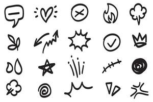 Conjunto de vectores de doodle de signo de expresión de dibujos animados dibujados a mano, flechas direccionales de curva, elementos de diseño de efectos de emoticonos, símbolos de emoción de personaje de dibujos animados, lindas líneas de trazo de pincel decorativo.