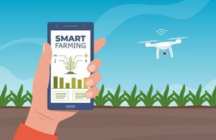 Smart farming, futuristic technologies in farm industry. Smartphone with app for control plants growing, drone, agricultural automation. Beds with agricultural crops. Vector illustration.