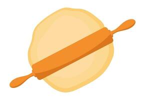 Wooden rolling pin on the dough. Rolling out the dough with a rolling pin. Vector illustration.