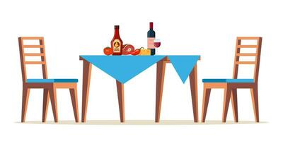 Summer picnic table covered with a tablecloth. Food on the table for family barbecue, picnic, grill party. Vector illustration.