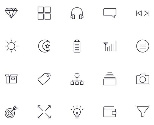 Internet and interface symbols in line style. Vector sign for apps, web sites, UI. Perfect for web sites, apps, stores, shops. Vector line icon of funnel, expand, light bulb etc