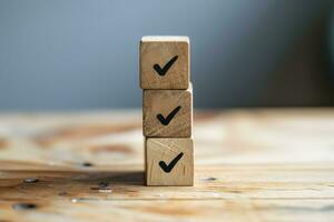 AI generated Wooden cubes with check mark on wooden table. Checkbox concept photo