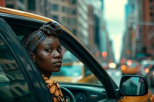 ai generado hermosa africano americano mujer conducción un coche en el ciudad foto