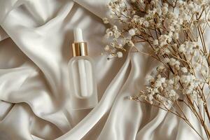 AI generated Top view Cosmetic bottle on white silk background with dry flower photo