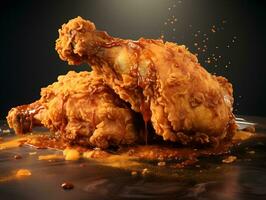 AI generated Fried chicken drumsticks with sauce on a black background photo