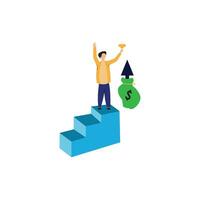 man gets trophy for victory, as well as salary arrow up, business flat illustration. vector