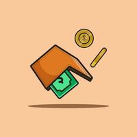 wallet icon with upside down with banknotes coming out of wallet concept. light yellow background, coin purse vector. vector