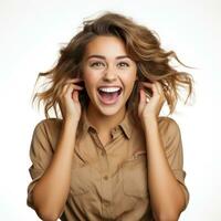 AI generated Curly optimistic woman raises palms from joy, happy to receive awesome present from someone, shouts loudly, dressed in casual t shirt, isolated on beige background. Excited female yells. photo