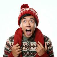 AI generated Christmas,Party and holidays concept Shocked man in santa hat photo