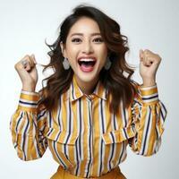 AI generated Curly optimistic woman raises palms from joy, happy to receive awesome present from someone, shouts loudly, dressed in casual t shirt, isolated on beige background. Excited female yells. photo