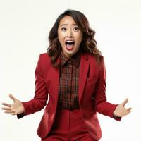 AI generated Happy successful woman standing in casual outfit, smiling pleased at camera and looking confident, standing against white background photo