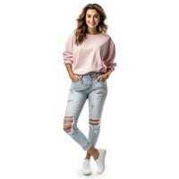 AI generated Happy successful woman standing in casual outfit, smiling pleased at camera and looking confident, standing against white background photo