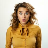 AI generated Portrait of shocked or surprised woman on pastel blue background photo