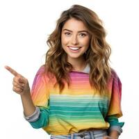 AI generated Happy stylist young woman pointing at copy space photo