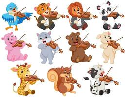 Set of cute animals playing violin. Vector illustration