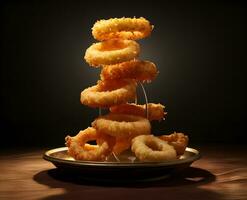 AI generated Fried onion rings on a plate on a wooden table with dark background photo