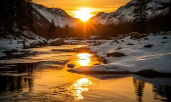 AI generated Sunset over a frozen mountain river. Winter nature background. photo