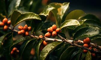 AI generated Close-up of a branch laden with vibrant berries and glossy leaves photo