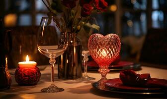 AI generated Romantic dinner setting with roses and candles on wooden table in restaurant photo