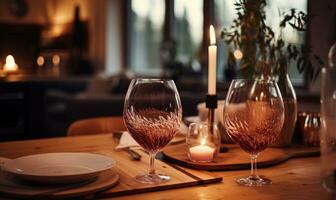 AI generated Romantic dinner with two glasses of red wine on wooden table decorated with hearts and candles photo