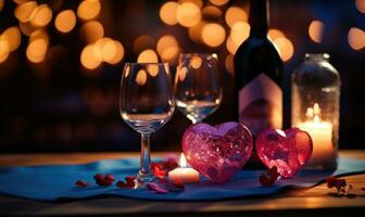 ai generado San Valentín día saludo tarjeta. dos lentes de vino, dos corazones y velas en un antecedentes de bokeh foto