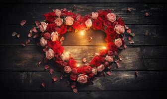 AI generated Red roses and candles on wooden background. Valentines day concept. photo