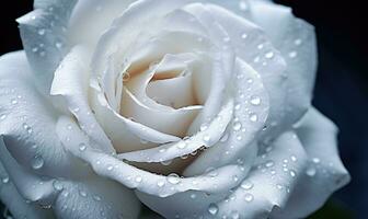 AI generated Beautiful white rose with water drops on black background. Macro. photo