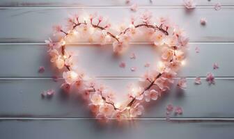 AI generated Valentines day background with heart shape made of peach blossom flowers on wooden background photo