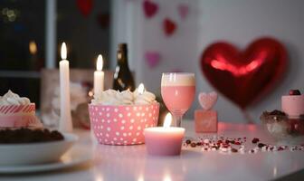 AI generated Burning candles in room decorated for Valentine's Day, closeup photo