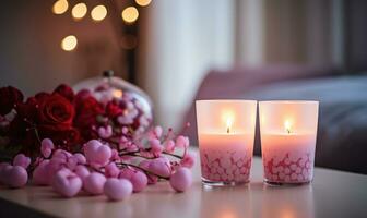 AI generated Burning candles in room decorated for Valentine's Day, closeup photo