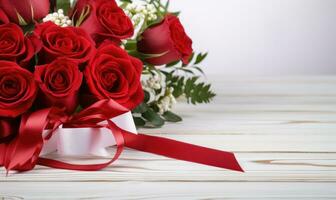 AI generated Bouquet of red and white roses with red ribbon on white wooden background photo