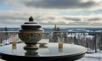 ai generado todavía vida con desayuno en el terraza con vista a un hermosa invierno paisaje. foto