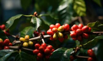 AI generated Ripe red coffee beans clustered on a branch with lush green leaves photo