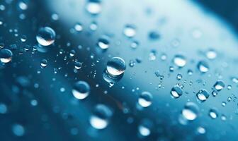 AI generated Water drops on a blue background. Shallow depth of field. photo