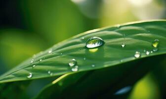 AI generated Water drops on green leaf in the morning. Shallow depth of field. photo