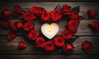 ai generado rojo rosas y velas en el forma de un corazón en un de madera antecedentes foto