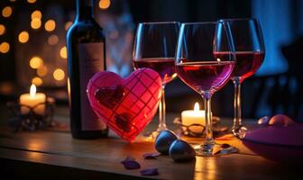 AI generated Two glasses of wine, candles and hearts on a wooden table. photo