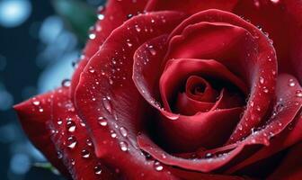 AI generated Beautiful red rose with water drops close-up on a dark background photo