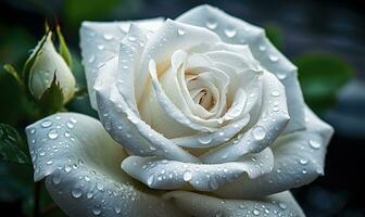 ai generado hermosa blanco Rosa con agua gotas en pétalos de cerca foto