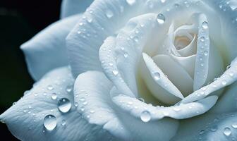 ai generado hermosa blanco Rosa con agua gotas en pétalos de cerca foto