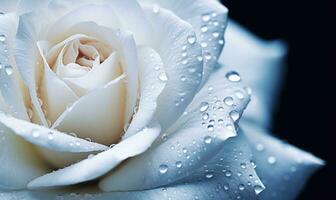 AI generated Beautiful white rose with water drops on petals close-up photo