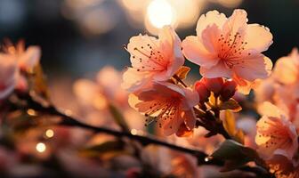 AI generated Blossoming branch of peach in the rays of the setting sun photo