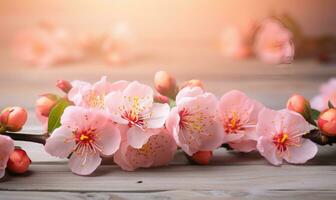 AI generated Blossoming branch of peach on a wooden background with copy space photo