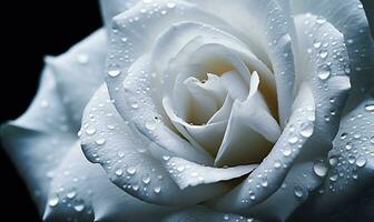 AI generated Beautiful white rose with water drops on black background. Macro. photo