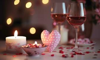 AI generated Two glasses of red wine, heart shaped candies, candles and bokeh lights on background photo